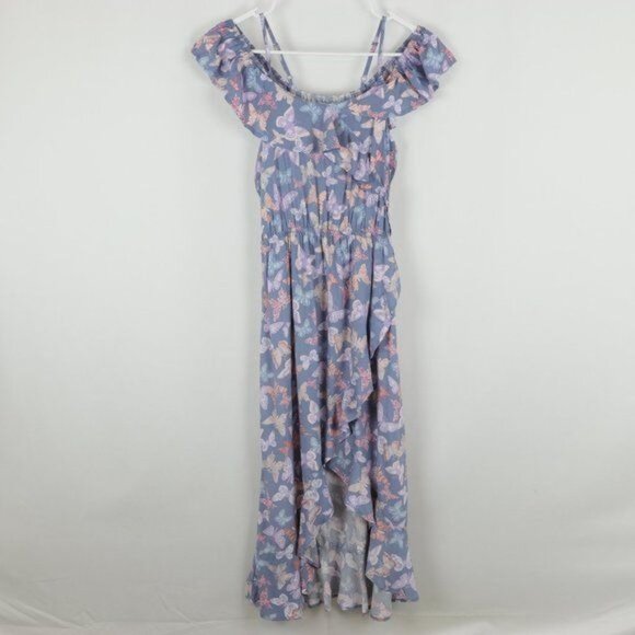 Epic Threads Girls XL Blue Pink Butterfly Faux Wrap Cold Shoulder Ruffled Dress - Picture 1 of 8